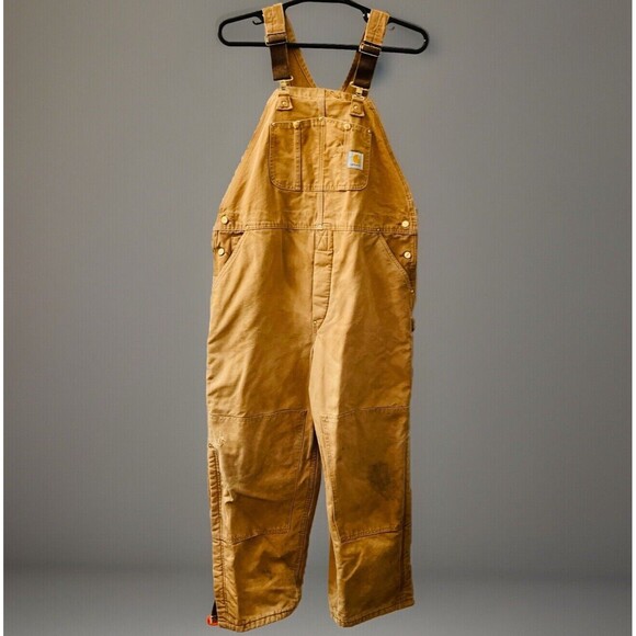 Vtg Carhartt R02 BRN 44 X 30 Bib Overalls USA Double Knee Duck Canvas Quilted - Picture 1 of 14